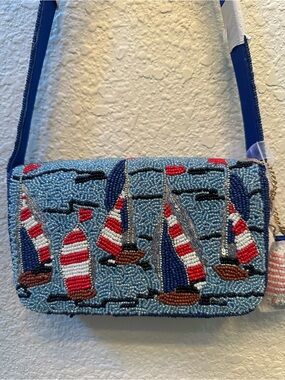 Marshalls Beaded Sailboat Crossbody Bag in Light Blue and Red